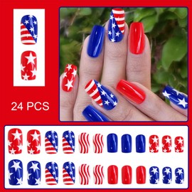 24Pcs 4th of July Press on Nails Medium Square Independence Day Fake Nails Glossy Red Blue American Flag Glue on Nails Full Cover Stick on Nails with Star Design Patriotic Artificial Nails for Women