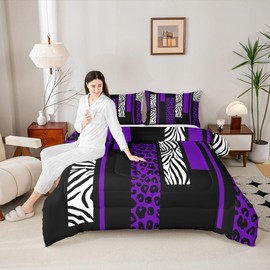 Leopard Print Comforter Set Full Size,Zebra Skin Texture Black White Bedding Set,Girls Women Room Decor,Geometric Squares Patchwork Down Comforter,Purple Romantic Chic Duvet Insert,2 Pillowcases