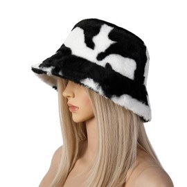 Mimfutu Winter Fuzzy Bucket Hat for Women Men, Warm Furry Fluffy Bucket Hats (Cow Print)