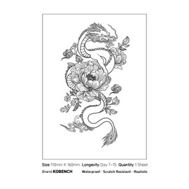 kobench Temporary Tattoos,White Dragon In The Flowers - K88 Design,Waterproof,Easy-to-Apply,Long Lasting 1-2 Weeks, Plant-Based,Flower Tattoos