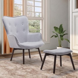 BELLEZE Mid Century Modern Armchair with Ottoman, Button Tufted Wingback Accent Lounge Chair with Matching Footstool, Upholstered Fabric - Murray (Light Gray)