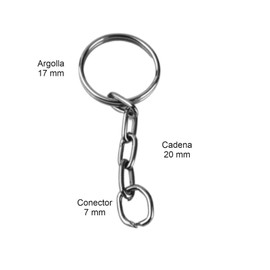 Argolla para llavero con cadena y conector con terminado niquel. Contenido de 300 piezas:100 argollas, 100 cadenas y 100 conectores