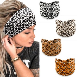 Leopard Print Headbands for Women – 4 Pack Wide Stretchy Turban Hair Bands, Fashion Animal Print Head Wraps for Workout, Makeup, Casual & Street Style