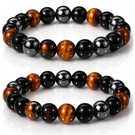 Lianary Black Obsidian Hematite Triple Protection Bracelets - Tiger Eye Beaded Natural Stone Set for Men Women Crystal Gemstone 10 mm 2pcs