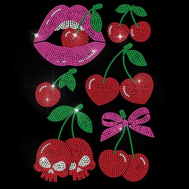 ANATTASOUL Pink Rhinestone Iron on Transfer Cherry lips Skull Bling Diamond Hotfix Patches for Clothes, Large Iron On Sequin Applique for Jeans Jacket Caps Bag T-Shirts Shoes DIY Decor