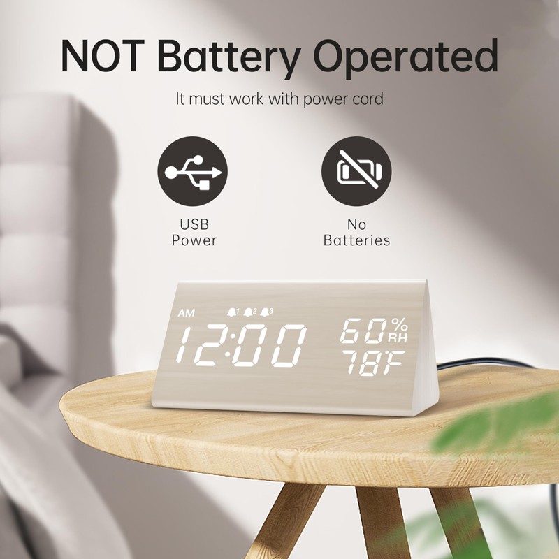 Digital Alarm Clock, with Wooden Electronic LED Time Display, 3
