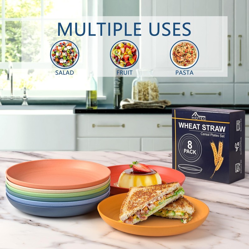 HOTEC 8-Pack 10inch BPA Free Unbreakable Deep Dinner Plates, Wheat