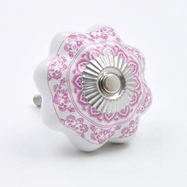 Pink Detailed Floral Pattern Ceramic Knob, Pull, Handle, for Cupboards, Doors, Cabinets, Drawers, Furniture, Kitchens (Plus Fitting Hardware) 4.3 cm Diameter 3.1 cm Rod Length