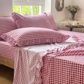 NSNLGSGC Red Gingham Ruffle Queen Sheet Set, Red Soft Pre-Washed Microfiber Plaid Queen Bed Sheets, 4-Pieces Farmhouse Sheet Set with Deep Pocket