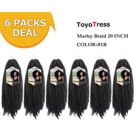 ToyoTress Marley Hair Crochet Braids - 20 Inch 6 Packs 1B Natural Black , Afro Kinky Curly Marley Braids Hair Extensions Synthetic Twist Crochet Braiding Hair