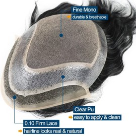 HAPPY&CC Hair Toupee For Men Mens Wig Human Hair Mono Lace Thin Skin Hair Prosthesis Man Hair 80% 1B OFF Black Color Mixed 20% Grey Hair System Pieces For Men