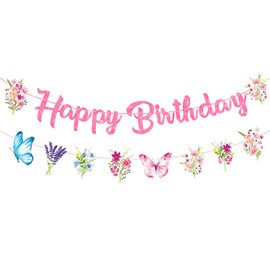 Glitter Floral Happy Birthday Banner with Butterfly and Wildflower Design, Elegant Pastel Hanging Sign Garland for Women, Girls, Birthday, Baby Shower, Spring Party Decorations