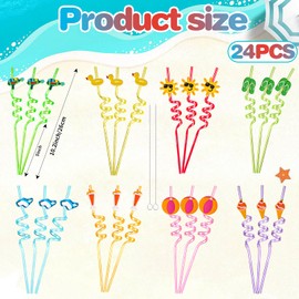 FOKICOS Summer Drinking Straws,24PCS Reusable Pool Beach Theme Crazy Silly Straws with 2 Cleaning Brushes for Fruit Birthday Beach Party Supplies Decorations