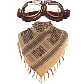 Peicees Vintage Helmet Goggles with Cotton Shemagh Keffiyeh, Motorcycle Bike Motocross Pilot Goggle Tactical Desert Scarf Neck Head Wrap for Women Men, Copper Frame Transparent Lenses
