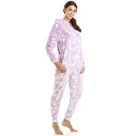 Camille Women's Super Soft Fleece Onesie - Heart All In One - Long Sleeved and Side Pockets for Ultimate Comfort & Warmth Purple 10-12
