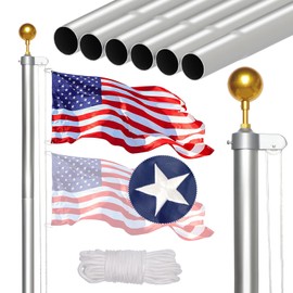 NELXINJO 25FT Sectional Flag Pole Kit, Heavy Duty Aluminum Outdoor In-Ground Flagpole, Gold Ball Top, 3x5 USA Flag for Residential Commercial Outdoor Garden(25FT, Silver)
