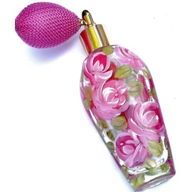 Elegant Romantic Victorian Refillable Fine Mist Slim Tall Glass Perfume Spray Bottle Atomizer with Hand Painted Pink Roses Unique Present