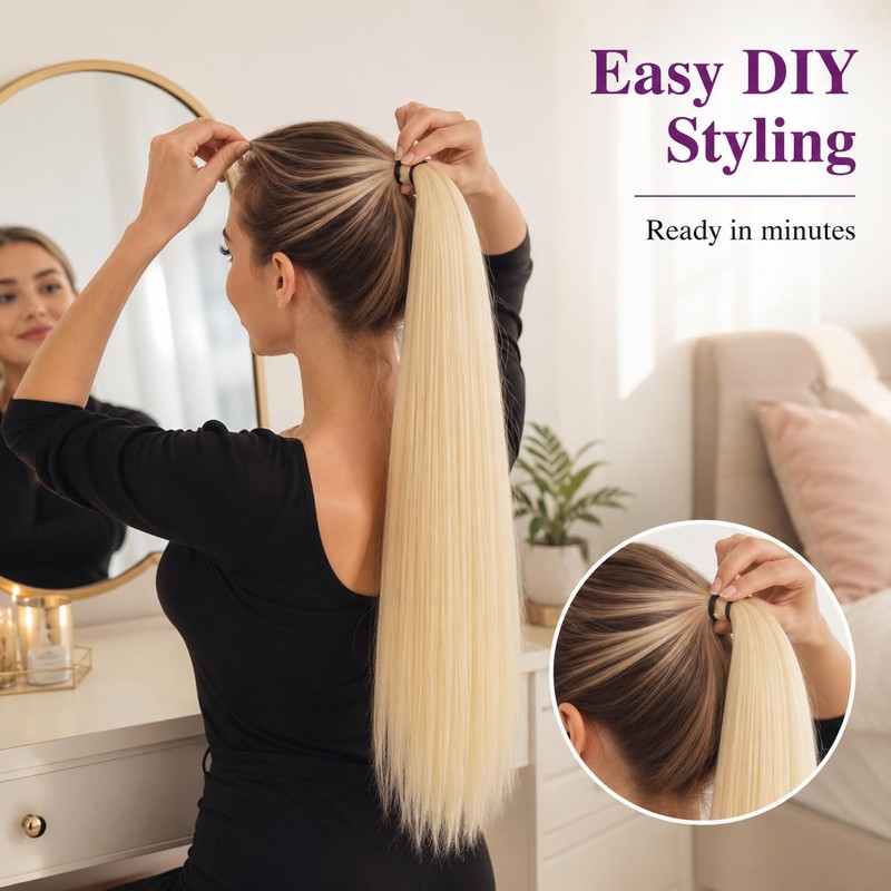 2 Pieces Blonde Ponytail Extension, 26 Inch Straight Braiding Hair,