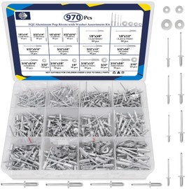 ZQZ 970Pcs Aluminum Pop Rivets with Washer Assortment Kit, 14 Sizes Silver Rivits with 1/8" 5/32" 3/16" 1/4" Blind Rivets, Assorted Pop Rivets Set