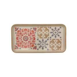 Portuguese Pottery Rectangular Serving Platter, Mosaic Rose Design, Hand-Painted Ceramic, Traditional Tile Pattern