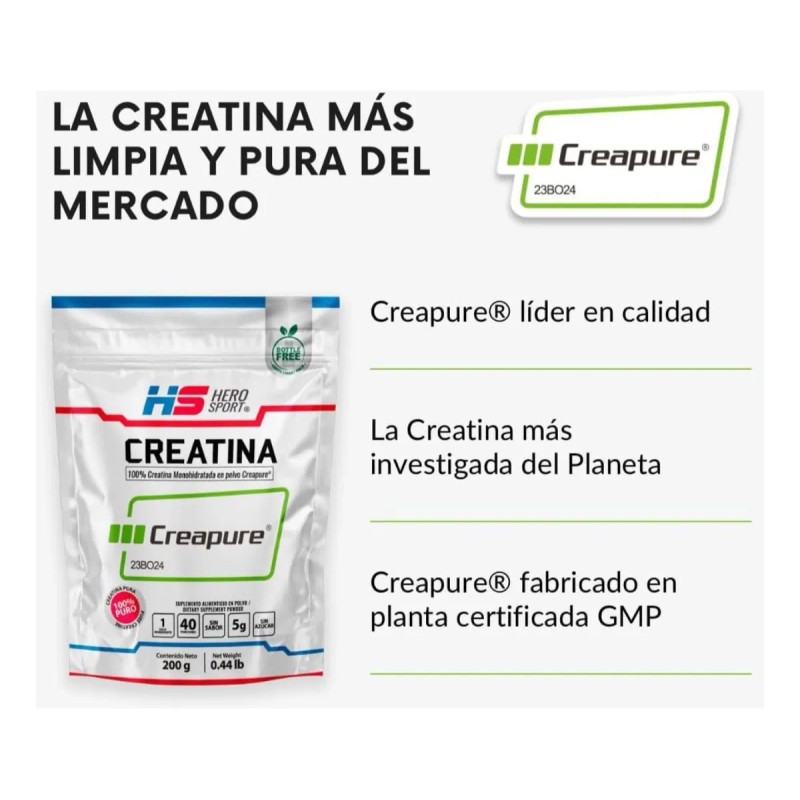 Creatina Creapure 200gr Hero Sport 40 Servicios Sin Sabor