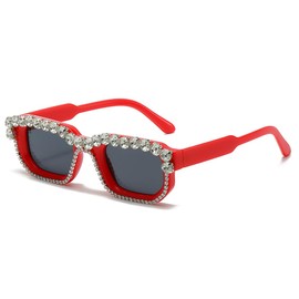 YAMEIZE Rectangle Rhinestone Sunglasses for Women - Men Retro Square Bling Diamond Sunglasses Funky Party Sun Glasses (Red Black)