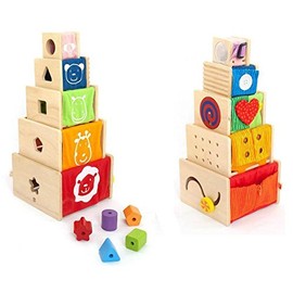I'm Toy 108871 Multi-Play Boxes, 5 Stackable Wooden Crates with Many Ways to Promote Sensory Skills