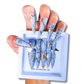 3D Press on Nails Fake Nails Blue Angels Long Stiletto Press on False Nails Luxury Design Nails for Women 10 PCS Acrylic Handmade Nails, Blue Angels Collection- (Small)
