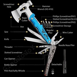 Gladjojoy Camping Axe Multitool 17 IN 1, Foldable Camping Essentials Survival Gear Hatchet with Knife, Adjustable Wrench, Hammer, Screwdriver, Outdoor Multi Tool Stainless Steel Mens Gifts(Black)