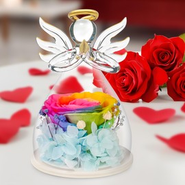Preserved Flower Rose Gifts in Glass Angel Figurines,Valentines Day Gifts for Her,Birthday Gifts for Women,Angel Rose Gifts for Her,Mom Gifts from Daughter,Rainbow Real Rose Gifts for Grandma Wife
