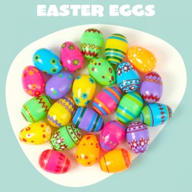 JOYIN 30 Pcs 3.15Inch Printed Plastic Eggs Colorful, Fillable Empty Eggs Bulks for Easter Hunt Event, Basket Stuffers Fillers, Classroom Prize Supplies, Filling Treats and Party Favor