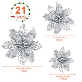 GWHOLE Pack of 21 Christmas Flowers, Christmas Tree Decorations, Flower, Artificial Flower, Glitter Christmas Tree Decoration, Silver Christmas