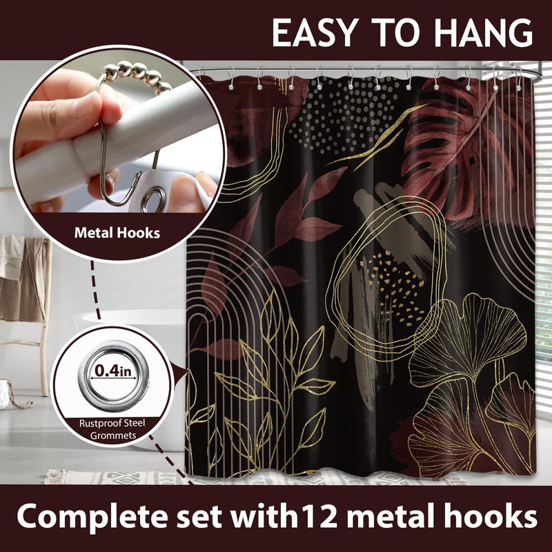 soeeao Black and Dark Red Shower Curtain Boho Mid Century