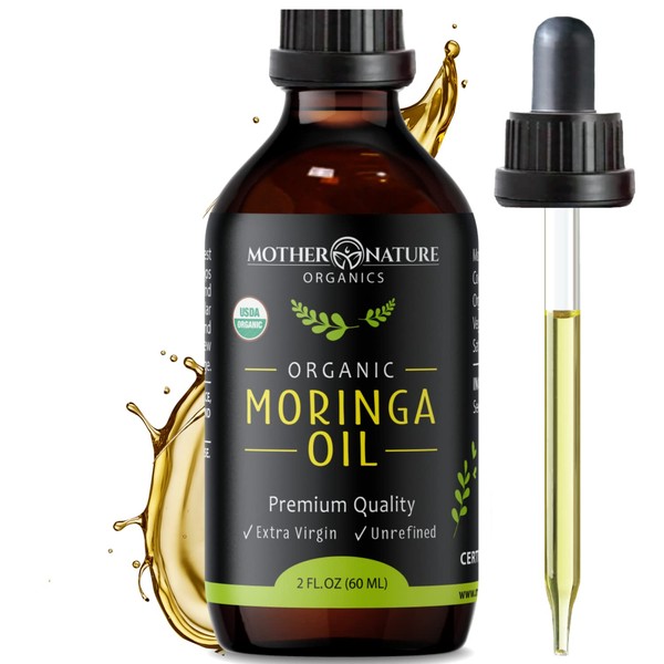 Moringa Oil Organic USDA Certified Cold Pressed, 100% Pure Carrier Oil For Hair, Face, Body, and Lip Lotion For Dry Skin, Natural Makeup Remover, Vitamin C Serum, 2 Ounce Glass Bottle with Dropper