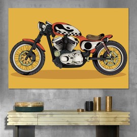 SIGNWIN Canvas Wall Art Bright Red and White Cafe Racer Bike in Yellow Background Transportation Motorcycles Illustrations Modern Art Industrial Fun for Living Room, Bedroom, Office - 24x36 inches