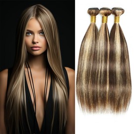 Highlight Brown Straight Bundles P4/613 Human Hair Bundles Ombre Highlight Blonde Straight Bundles Brazilian Remy Hair Two Tone Brown Mixed With Blonde Bundles for Black Women 24 26 28 Inch