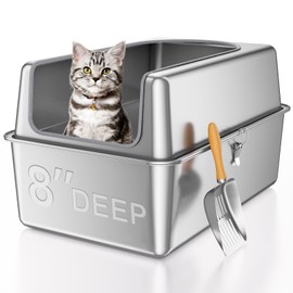 12'' High Sides XL All Stainless Steel Cat Litter Box with Lid,Deep Metal Litter Box for Big Cats,Extra Large Litter Boxes with High Wall Enclosure,Anti-Leakage,Never Absorbs Odors,Non-Sticky Surface