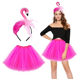 DIIQII DIIQII Karneval Hawaii Kostüm Damen: 2tlg Karneval Kostüm Damen mit Haarreif Rosa Tüllrock - Fasching Kostüm Damen Tiere für Karneval Party