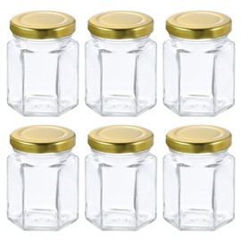 HARFINGTON 6pcs Hexagon Glass Honey Jars 2.7oz Small Mini Honey Jar Container with Gold Lids for Wedding Party Favors Bridal Shower