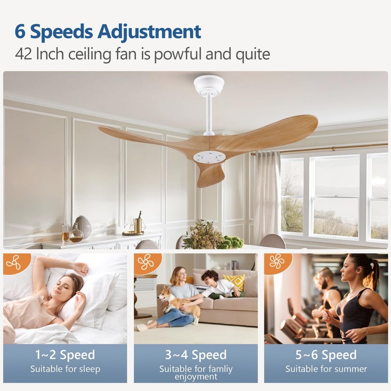 BOJUE Ceiling Fan without Light,42 Inch Modern Ceiling Fan no