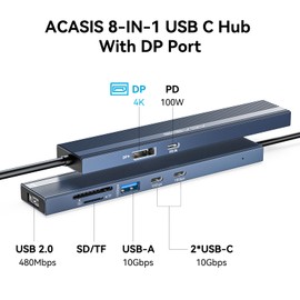 ACASIS USB C Hub with DP Port 10Gbps Multiport Adapter with 4K Display Port 3*USB3.2 Gen2+USB2.0 480M/bps Data Port 100W Power Delivery SD/TF3.0 USB C to Displayport for Video Editors and More