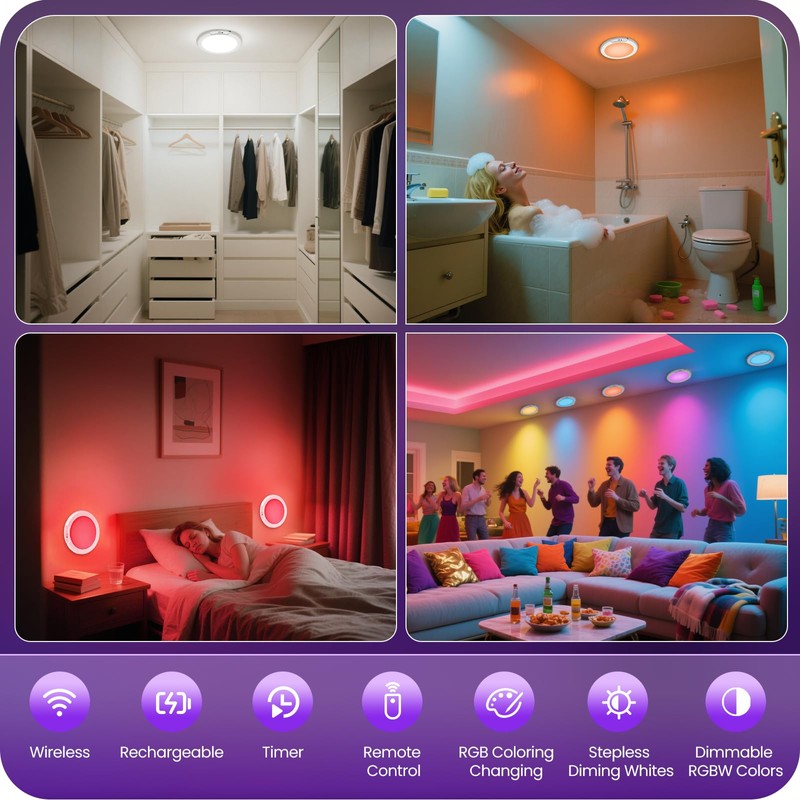 GOEBLESON Rechargeable Motion Sensor Ceiling Light with Remote, RGBW LED