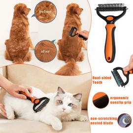 POSAPET Cat Grooming Brush Kit 6 Tools - Deshedding & Dematting for Long/Short Hair, Self-Cleaning Slicker Brush with 6-in-1 Flea Comb for Cats & Kittens (Orange)