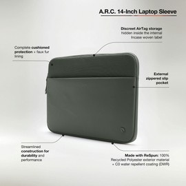 Incase A.R.C. Sleeve for 14-Inch Laptop (M1-M4, 2021-2024) with ReSpun 100% Recycled Polyester – Cushioned Faux Fur Lining, External Zippered Slip Pocket Smoked Ivy