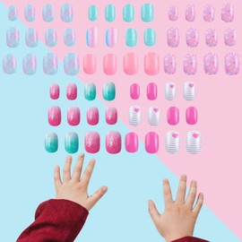 SIUSIO SIUSIO 120 Pcs 5 Pack Children Acrylic Fake Nails Press on Pre-glue Full Cover Glitter Gradient Color Rainbow Short False Nail Art Kits Set for Kids Little Girls - Multicolor Gradient Series