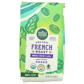 Whole Foods Market, Organic Whole Bean Coffee, Dark French Roast, Smoky & Sweet, Smooth & Creamy, 12 Ounce