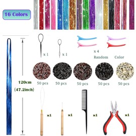 KCTOAMZ Kit de 3200 Hebras de Oropel para Cabello, 16 Colores 48 Pulgadas - Extensiones Brillantes Resistentes al Calor para Mujeres, Accesorios para Fiestas, Cosplay y Festivales
