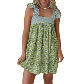 Women Tie Shoulder Mini Dress Floral Ruffle Babydoll Dress Boho Square Neck Sundress Cute Summer Dress (Green, S)