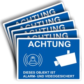 Strobo Achtung Dieses Objekt ist Alarm und Videogesichert Sign, 20 x 30 cm, Made From Sturdy PVC Hard Foam Board, 3 mm, ‘This Area Is Under Video Surveillance’ Sign With UV Protection, Pack Of 5