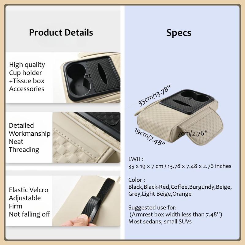 Car Armrest Center Console Pad, Ergonomic 7cm Height Boost, Side